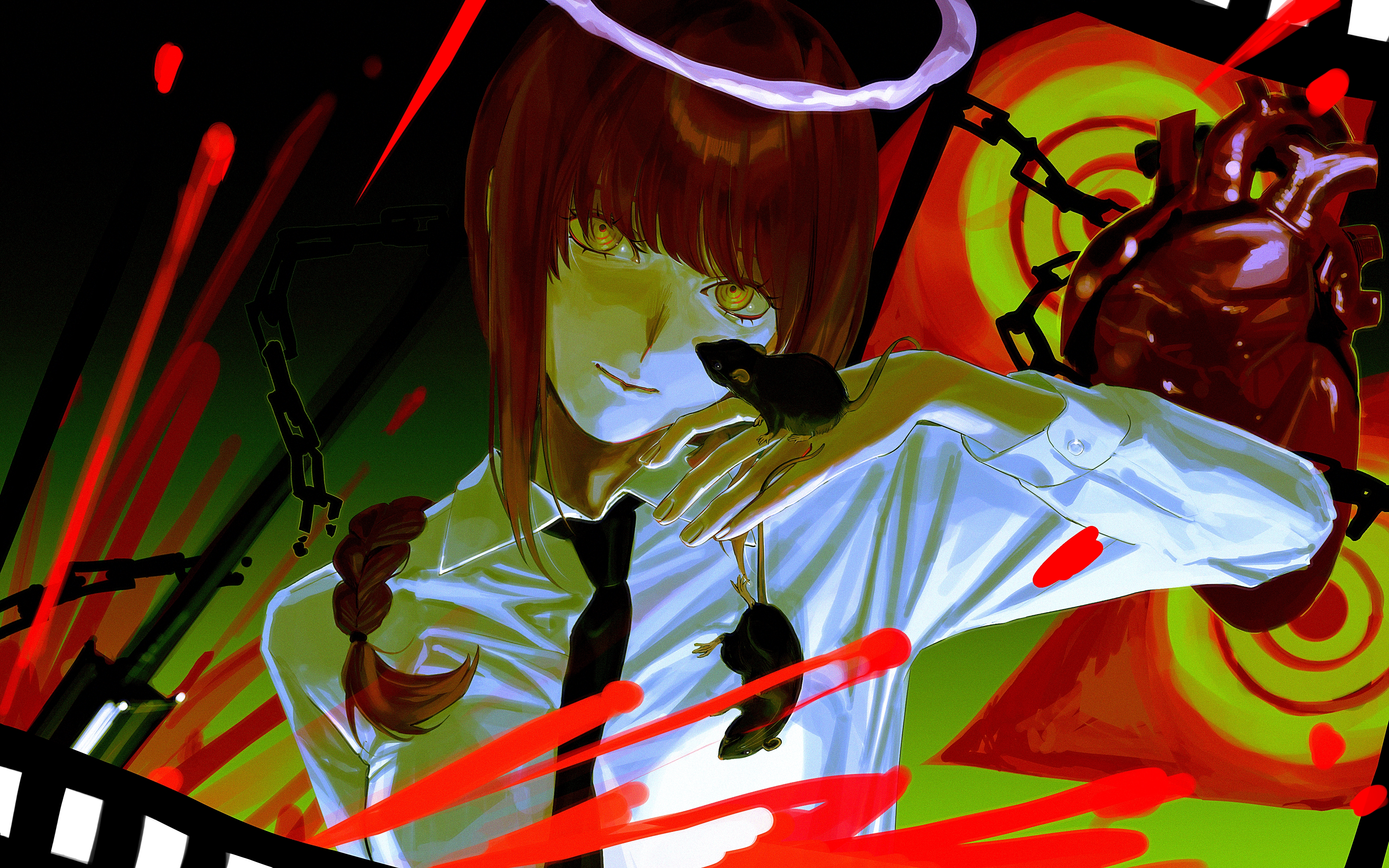 makima (chainsaw man), chainsaw man, absurdres, commentary request, highres, 03 oxo, 1girl, black necktie, broken, broken chain, chain, closed mouth, collared shirt, halo, heart (organ), long hair, mouse (animal), necktie, purple halo, red hair, ringed eyes, shirt, solo, white shirt, yellow eyes