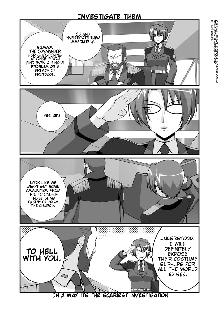 mikage takashi, auris gaiz, regius gaiz, lyrical nanoha, mahou shoujo lyrical nanoha, mahou shoujo lyrical nanoha strikers, hard-translated, third-party edit, translated, 00s, 1boy, 1girl, comic, crossed arms, english text, epaulettes, evil smile, glass, glasses, greyscale, military, military uniform, monochrome, salute, smile