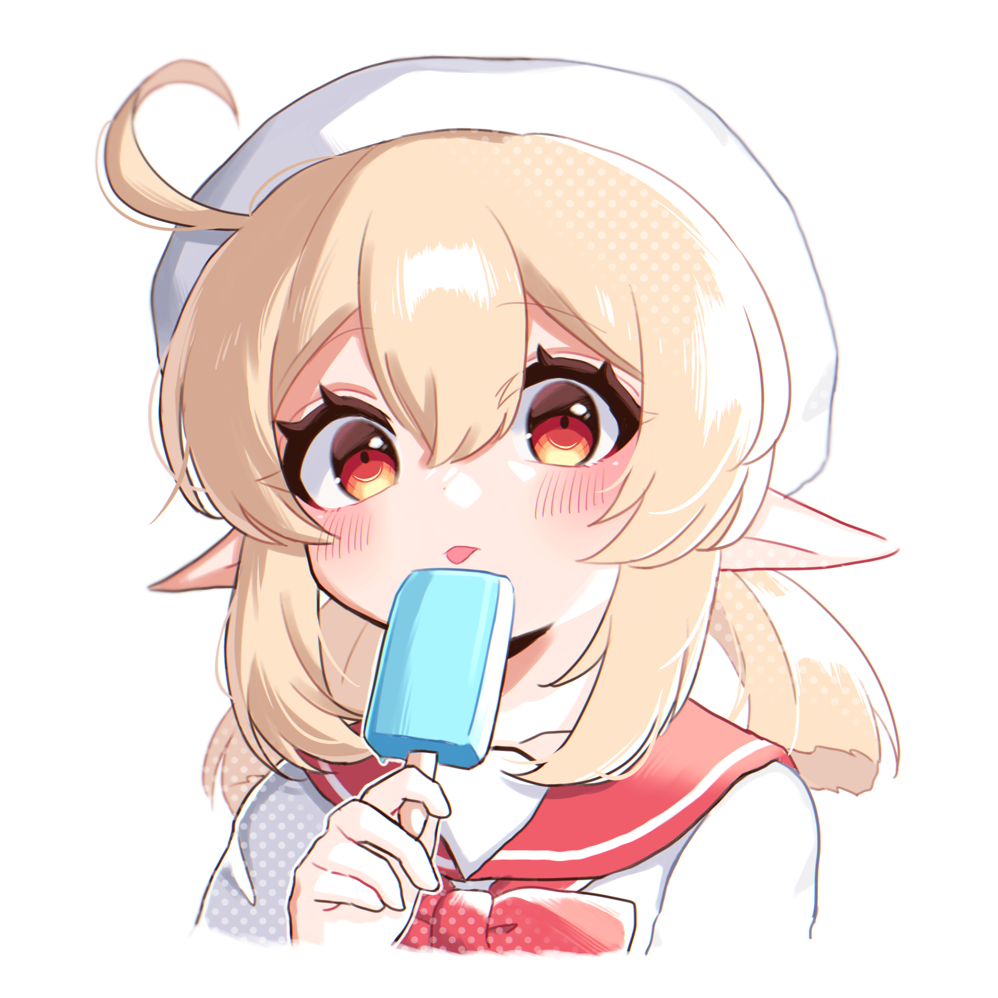 klee (genshin impact), genshin impact, commentary request, highres, 1girl, :p, ahoge, alternate costume, blonde hair, blush, closed mouth, cropped torso, food, hair between eyes, hand up, holding, holding food, holding popsicle, looking at viewer, pointy ears, popsicle, red eyes, red sailor collar, sailor collar, simple background, solo, tongue, tongue out, white background, white ztt