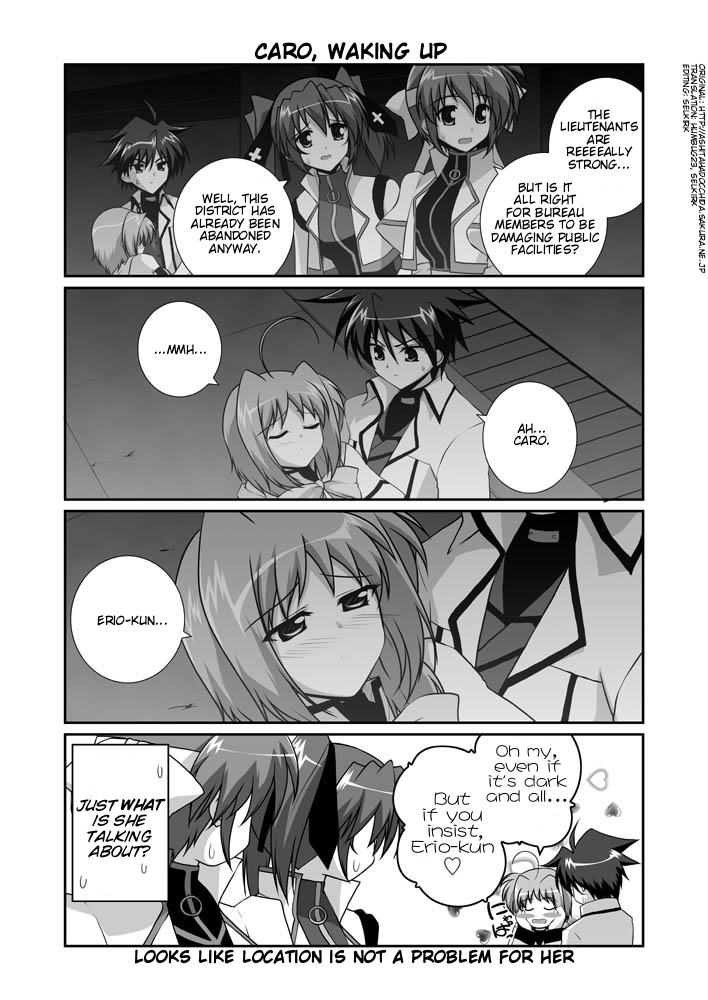 mikage takashi, caro ru lushe, erio mondial, subaru nakajima, teana lanster, lyrical nanoha, mahou shoujo lyrical nanoha, mahou shoujo lyrical nanoha strikers, hard-translated, third-party edit, translated, 00s, 1boy, 3girls, ahoge, blush, blush stickers, bow, cape, closed eyes, coat, comic, english text, greyscale, headband, heart, jacket, magical boy, magical girl, midriff, monochrome, multiple girls, open clothes, open coat, open jacket, twintails