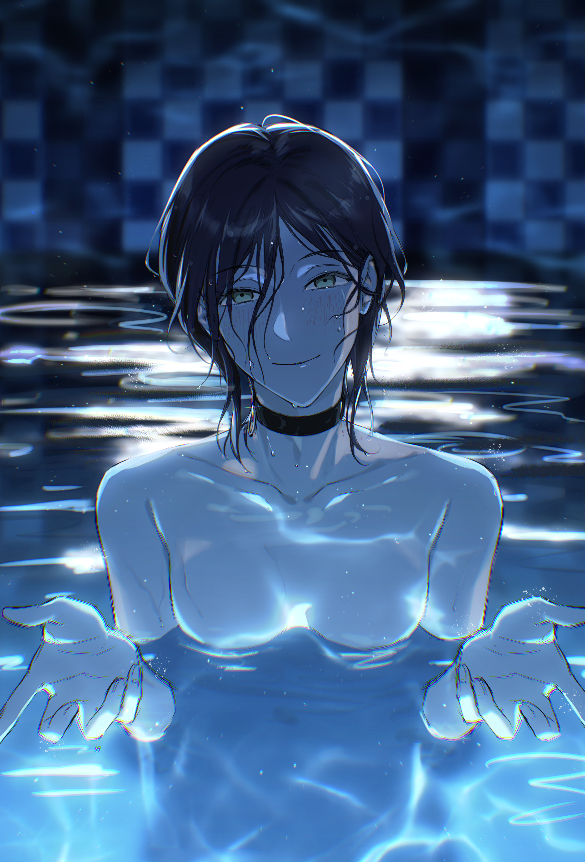 reze (chainsaw man), chainsaw man, absurdres, highres, 1girl, black choker, black hair, breasts, choker, closed mouth, green eyes, light smile, looking at viewer, pool, small breasts, solo, sucide doug, water, wet, wet hair