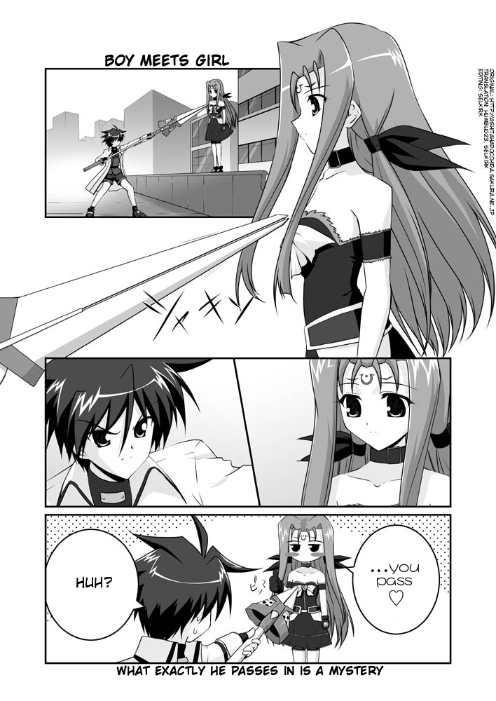 mikage takashi, asclepius (nanoha), erio mondial, lutecia, lutecia alpine, strada, lyrical nanoha, mahou shoujo lyrical nanoha, mahou shoujo lyrical nanoha strikers, hard-translated, third-party edit, translated, 00s, 1boy, 1girl, arm garter, blush, blush stickers, bow, choker, coat, comic, english text, facial mark, fingerless gloves, forehead mark, gloves, greyscale, magical boy, magical girl, monochrome, open clothes, open coat