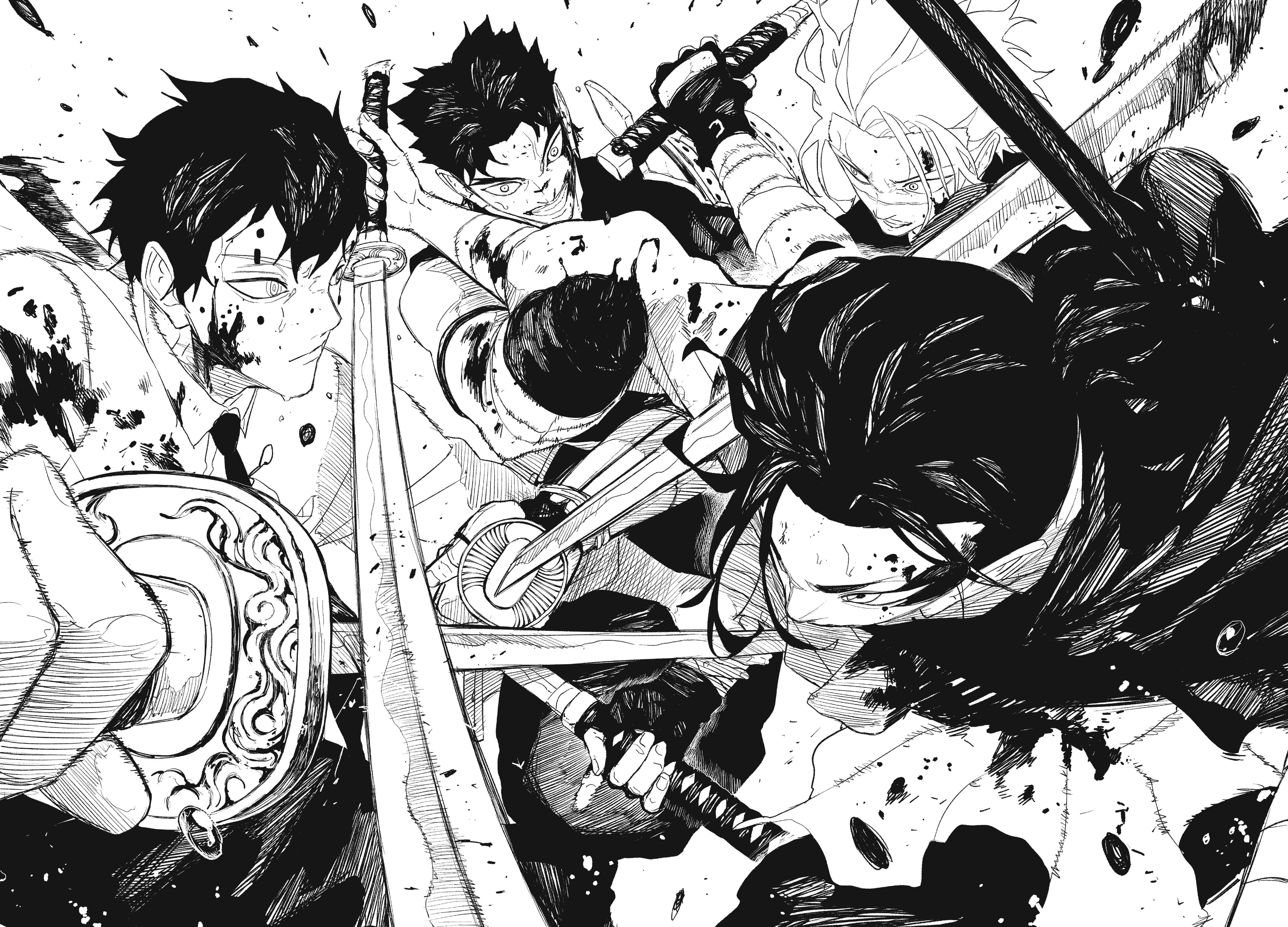 hokazono takeru, uruha youji, yura (kagurabachi), kagurabachi, absurdres, character request, highres, non-web source, official art, 4boys, amputee, battle, black hair, bleeding, blood, blood on arm, blood on clothes, blood on face, blood splatter, facial mark, fingerless gloves, gloves, greyscale, grin, holding, holding sword, holding weapon, injury, katana, monochrome, multiple boys, necktie, scar, scar on face, shirt, short hair, slashing, smile, sword, sword fight, weapon, white background, white shirt