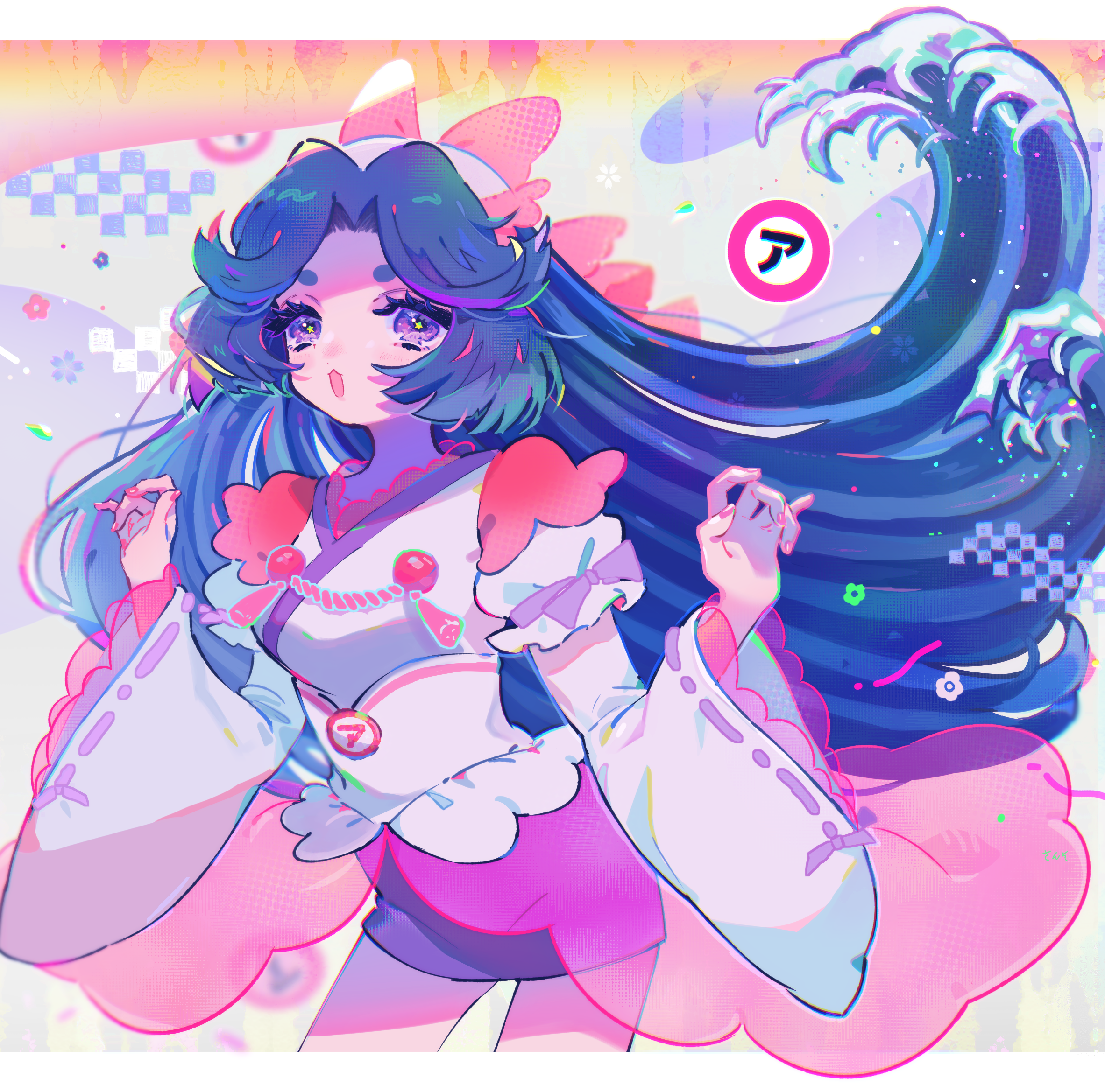 mawarusanso, azuma sara, sarazanmai, highres, 1girl, :3, bow, japanese clothes, kimono, liquid hair, long hair, long sleeves, looking at viewer, open mouth, pink bow, solo, waves, white kimono, wide sleeves