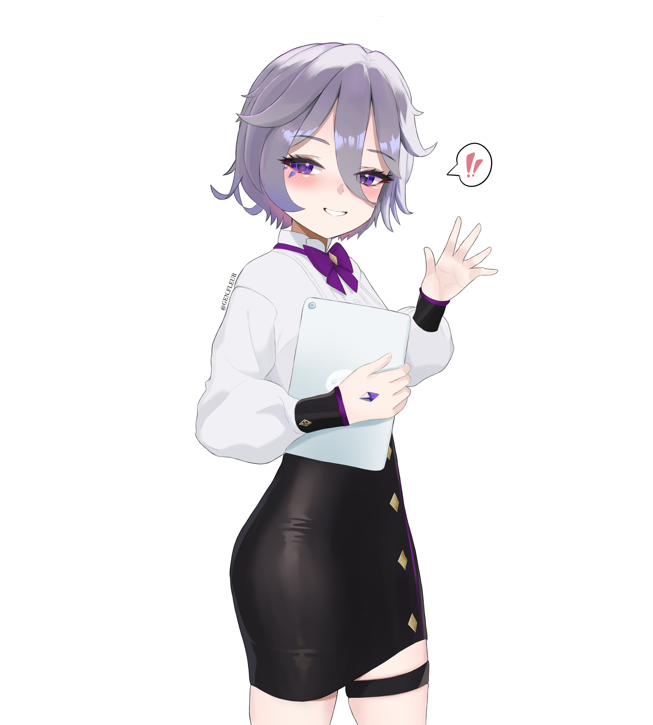 gen.fleur, koseki bijou, hololive, hololive english, absurdres, highres, !, !!, 1girl, black skirt, gem, grey hair, holding, holding tablet pc, pencil skirt, purple eyes, purple gemstone, shirt, simple background, skirt, solo, speech bubble, spoken exclamation mark, tablet pc, virtual youtuber, waving, white background, white shirt