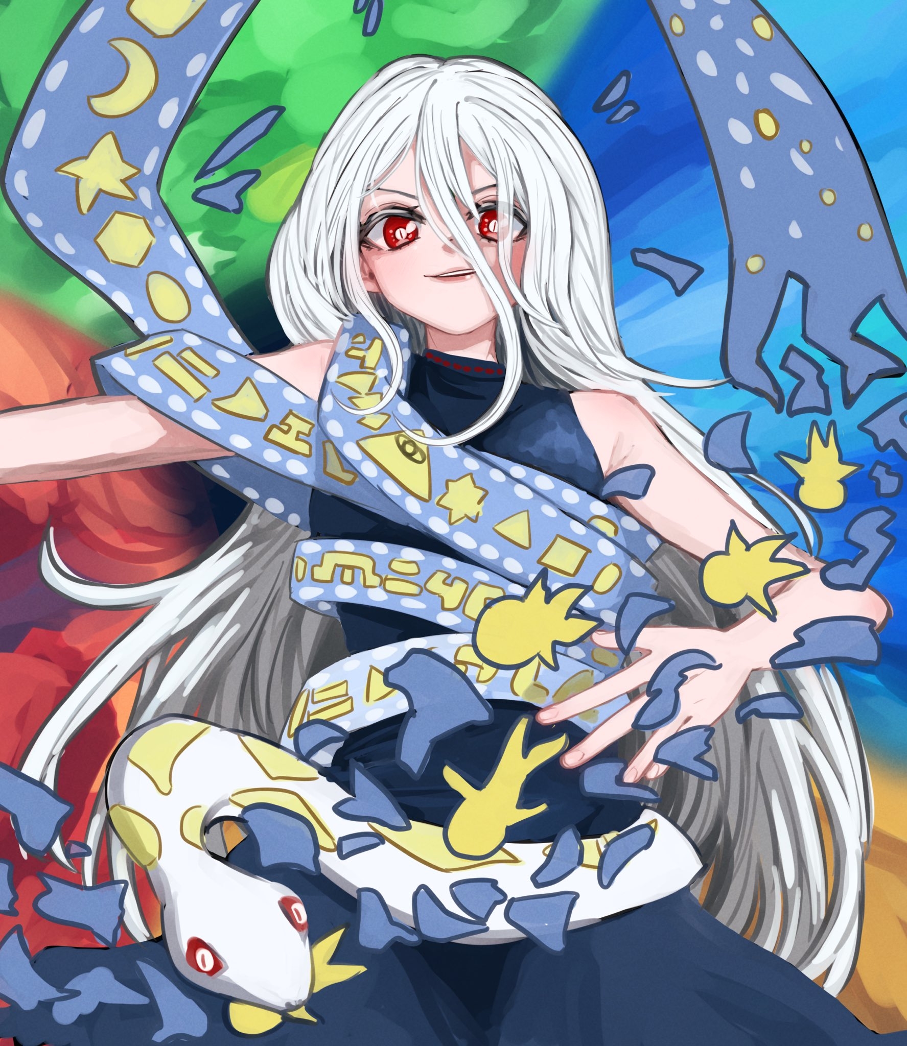 alinoce716, yuiman asama, touhou, highres, 1girl, abstract background, black dress, blue ribbon, dress, lipstick, long hair, looking at viewer, makeup, red eyes, ribbon, ribbon around body, sleeveless, sleeveless dress, smirk, snake, solo, upper body, very long hair, white hair