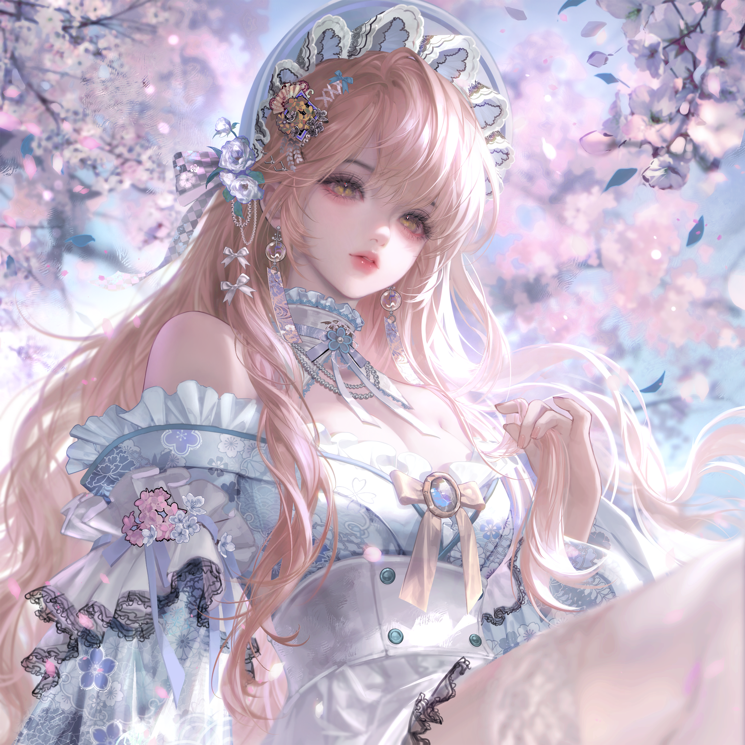 gloriash, original, absurdres, highres, 1girl, bare shoulders, blonde hair, breasts, cherry blossoms, day, dress, earrings, falling petals, flower, frills, gem, hair flower, hair ornament, hat, holding, jewelry, long hair, looking at viewer, outdoors, petals, sitting, solo, upper body, white dress, yellow eyes