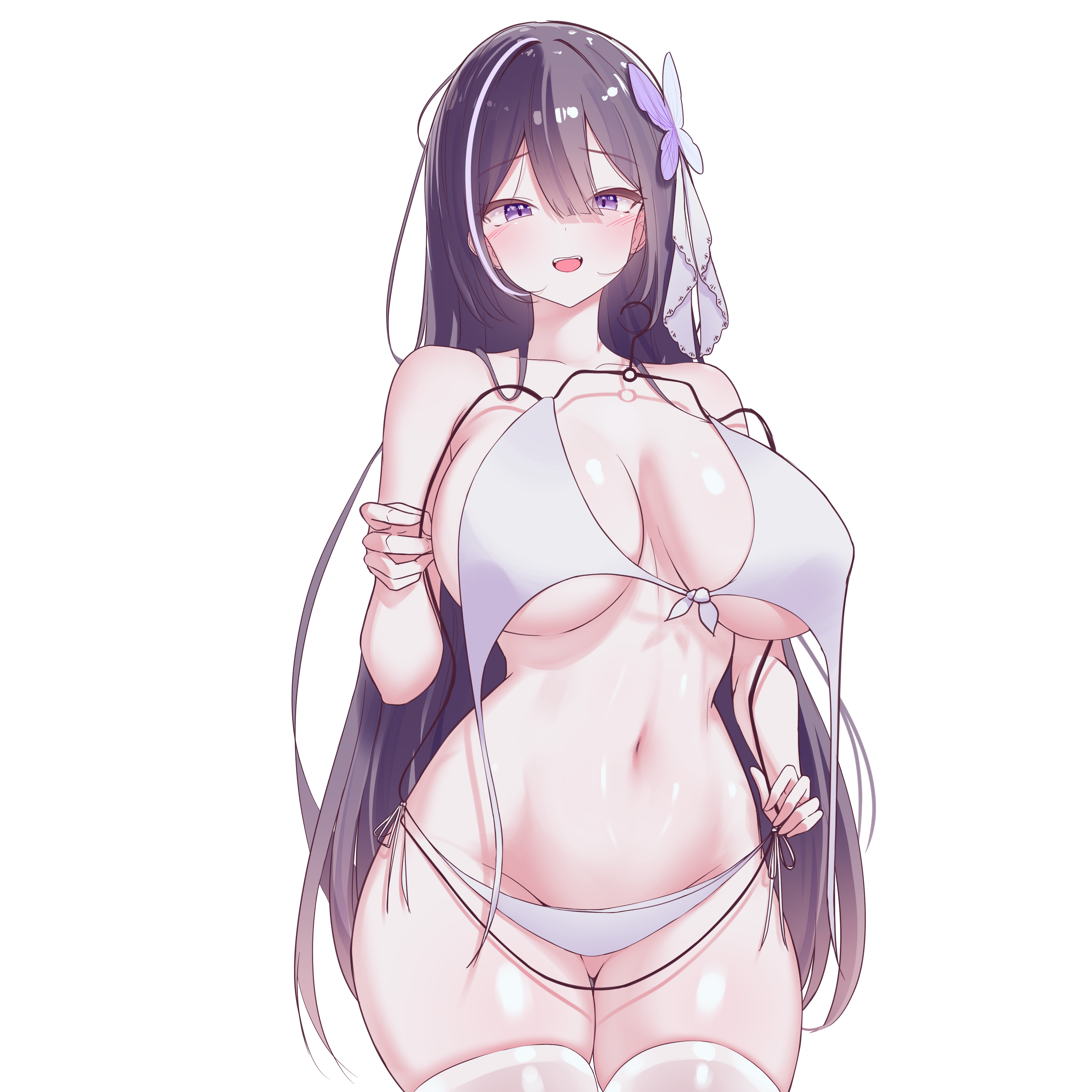 rapid17, indie virtual youtuber, absurdres, highres, 1girl, bikini, black hair, blush, breasts, clothes hanger, clothes in front, cowboy shot, hair between eyes, hair ornament, holding, holding clothes hanger, large breasts, long hair, looking at viewer, navel, open mouth, purple eyes, shiny skin, side-tie bikini bottom, simple background, smile, solo, swimsuit, swimsuit hanger, thighhighs, very long hair, white background, white bikini, white thighhighs