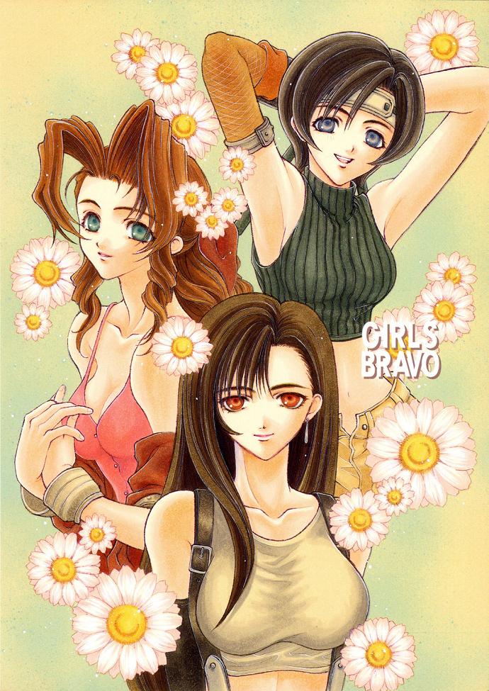 tohru adumi, aerith gainsborough, tifa lockhart, yuffie kisaragi, final fantasy, final fantasy vii, non-web source, 1990s (style), armpits, bare shoulders, blue eyes, brown eyes, brown hair, flower, green eyes, headband, long hair, retro artstyle, short hair, sleeveless, sleeveless turtleneck, suspenders, turtleneck