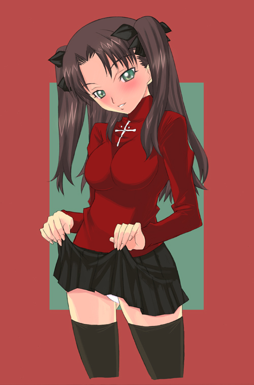 tohsaka rin, fate/stay night, fate (series), non-web source, 00s, 1girl, black thighhighs, brown hair, clothes lift, female focus, green eyes, long hair, skirt, skirt lift, solo, thighhighs, turtleneck, twintails, two side up, zettai ryouiki