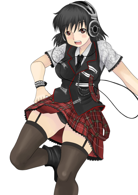 nullhachi, bad id, bad pixiv id, black hair, blush, brown eyes, garter belt, headphones, necktie, panties, pantyshot, plaid clothes, plaid skirt, short hair, skirt, solo, sweater vest, thighhighs, underwear, vest, zettai ryouiki