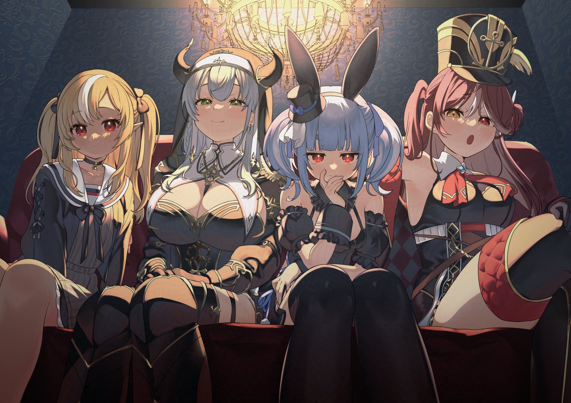 kirisaki shuusei, houshou marine, houshou marine (marching band), shiranui flare, shirogane noel, usada pekora, hololive, :o, alternate hairstyle, animal ears, bare shoulders, blonde hair, blue hair, blush, breasts, chandelier, cleavage cutout, clothing cutout, couch, dark-skinned female, dark skin, dress, fake animal ears, fake horns, green eyes, grey hair, hat, heterochromia, horns, huge breasts, long hair, nun, official alternate costume, on couch, pointy ears, red eyes, red hair, serious, sitting, smile, sweater, twintails, veil, wrist cuffs