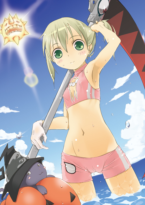 gokatsu (pixiv30459), blair, maka albarn, soul eater, bikini, black cat, blonde hair, cameltoe, cat, covered erect nipples, green eyes, swimsuit