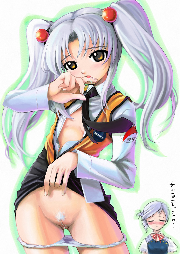 mikazuki akira!, hoshino ruri, lumiere (kiddy grade), kiddy grade, kidou senkan nadesico, non-web source, translated, 00s, 2girls, blue hair, blush, closed eyes, clothes lift, drill hair, female pubic hair, hair ornament, multiple girls, necktie, open clothes, open shirt, panties, panty pull, pencil skirt, pubic hair, pussy juice, shirt, skirt, skirt lift, sphere hair ornament, twintails, uncensored, underwear, vest, yellow eyes