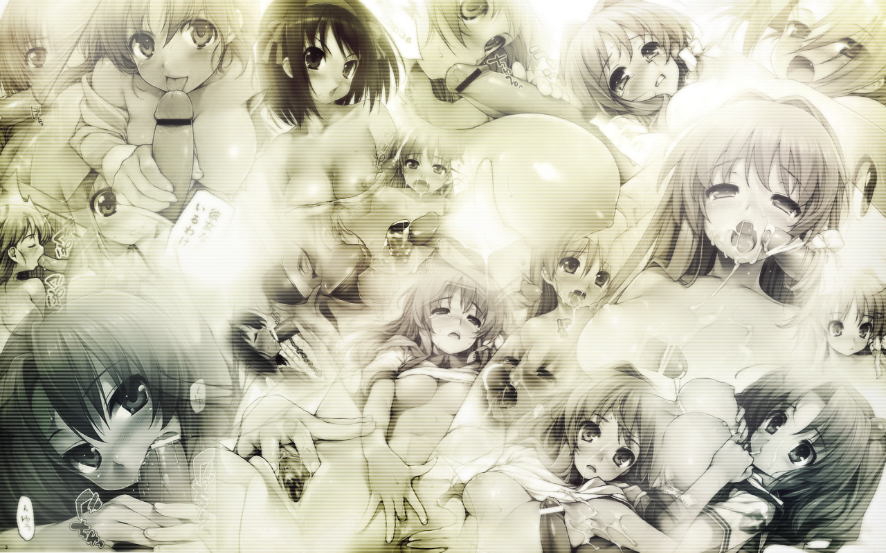 ishikei, fujibayashi kyou, ichinose kotomi, kuroi nanako, osaragi hazumu, suzumiya haruhi, clannad, kashimashi, lucky star, suzumiya haruhi no yuuutsu, third-party edit, 00s, 6+girls, armpits, bare shoulders, bra, breasts, breasts squeezed together, censored, clitoris, collage, collarbone, compilation, cum, cum in mouth, cum on body, cum on breasts, cum on upper body, facial, fellatio, fingering, genderswap, genderswap (mtf), hair intakes, hair ribbon, hairjob, hetero, large breasts, lingerie, medium breasts, multiple girls, nipples, nude, oral, penis, popurri, puffy nipples, pussy, ribbon, spread pussy, tongue, underwear, urethra