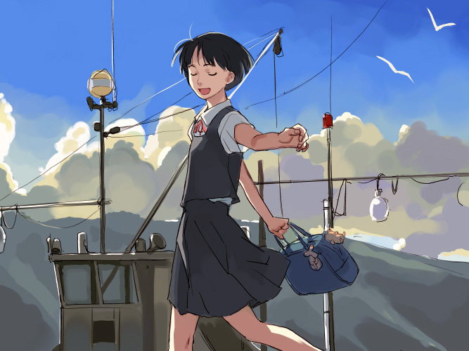 takamichi, non-web source, 1girl, bag, black hair, boat, closed eyes, female focus, outstretched arms, school uniform, serafuku, short hair, smile, solo, spread arms, walking, watercraft