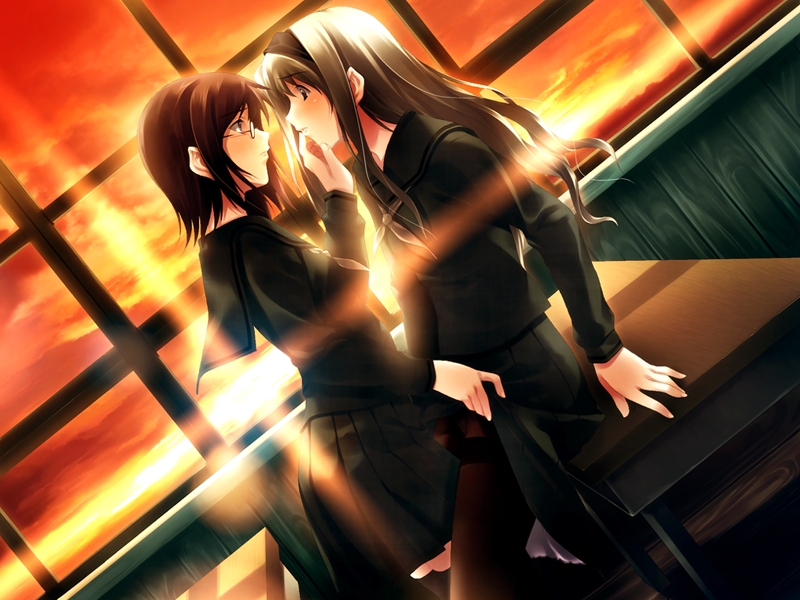 sugina miki, ayasaki takako, takashiro nana, cartagra, game cg, non-web source, 2girls, brown hair, classroom, clothes lift, desk, dutch angle, eye contact, glasses, grey hair, hairband, hand on another's face, indoors, lens flare, long hair, looking at another, multiple girls, pantyhose, school, school uniform, short hair, skirt, skirt lift, sunset, thighband pantyhose, thighhighs, window, yuri