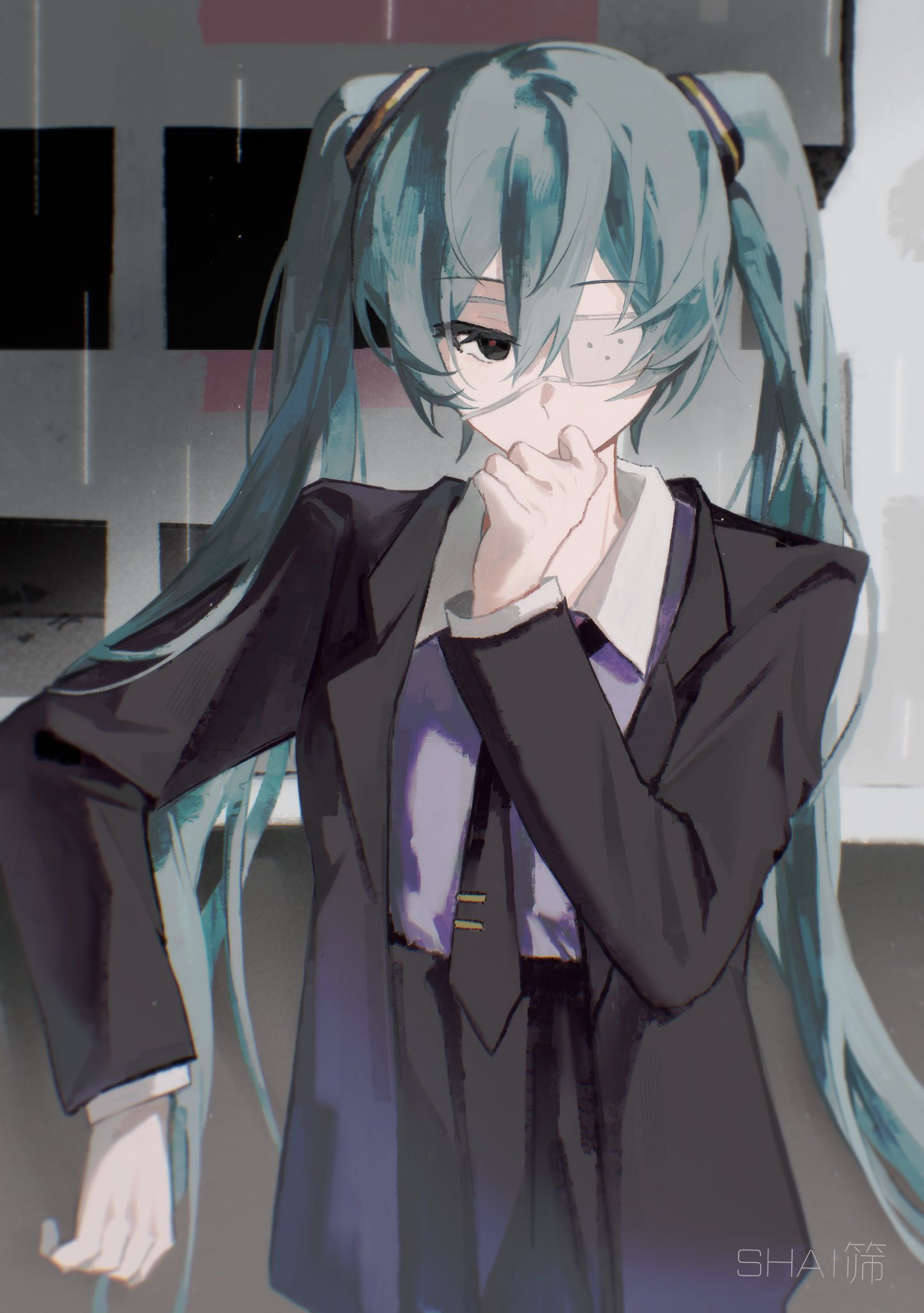 shai61384166010, hatsune miku, monitoring (vocaloid), vocaloid, hashtag-only commentary, highres, 1girl, against railing, aqua hair, artist name, black eyes, black jacket, black necktie, black skirt, blurry, bright pupils, building, chromatic aberration, clenched hand, collared shirt, covered mouth, depth of field, double-parted bangs, elbow rest, eyepatch, grey shirt, hair between eyes, hair ornament, hand on own chin, hand up, jacket, layered sleeves, light particles, long hair, medical eyepatch, necktie, one eye covered, open clothes, open jacket, outdoors, railing, red pupils, shirt, shirt tucked in, skirt, solo, tie clip, twintails, upper body, very long hair