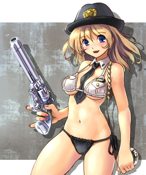 katahira masashi, original, 1girl, bikini, blonde hair, blue eyes, cowboy shot, cuffs, female focus, gun, handcuffs, handgun, hat, long hair, navel, necktie, police, revolver, side-tie bikini bottom, solo, swimsuit, weapon