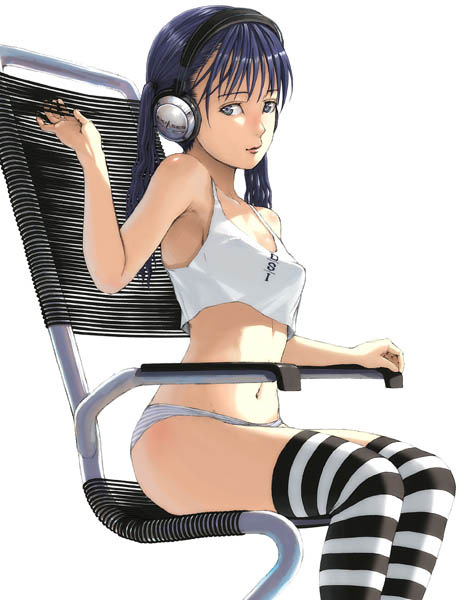 yoneda taishou, bare shoulders, black hair, chair, headphones, long hair, midriff, on chair, panties, solo, striped clothes, striped thighhighs, tank top, thighhighs, twintails, underwear
