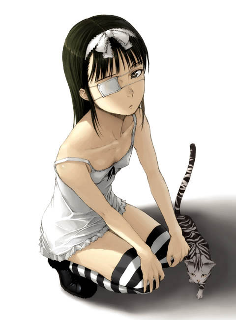 yoneda taishou, bare shoulders, black hair, cat, dress, eyepatch, grey eyes, hairband, long hair, looking up, solo, squatting, strap slip, striped clothes, striped thighhighs, thighhighs