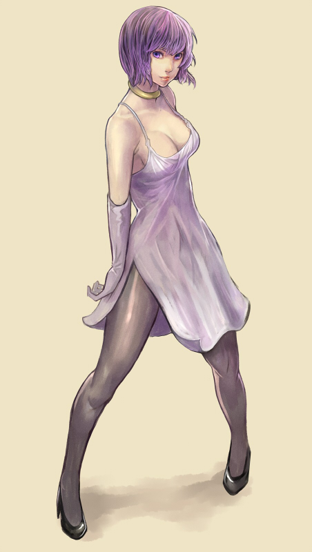 hidezi, kusanagi motoko, ghost in the shell, ghost in the shell: stand alone complex, 00s, 1girl, breasts, choker, cleavage, dress, elbow gloves, female focus, gloves, high heels, pantyhose, purple eyes, purple hair, shoes, short hair, solo