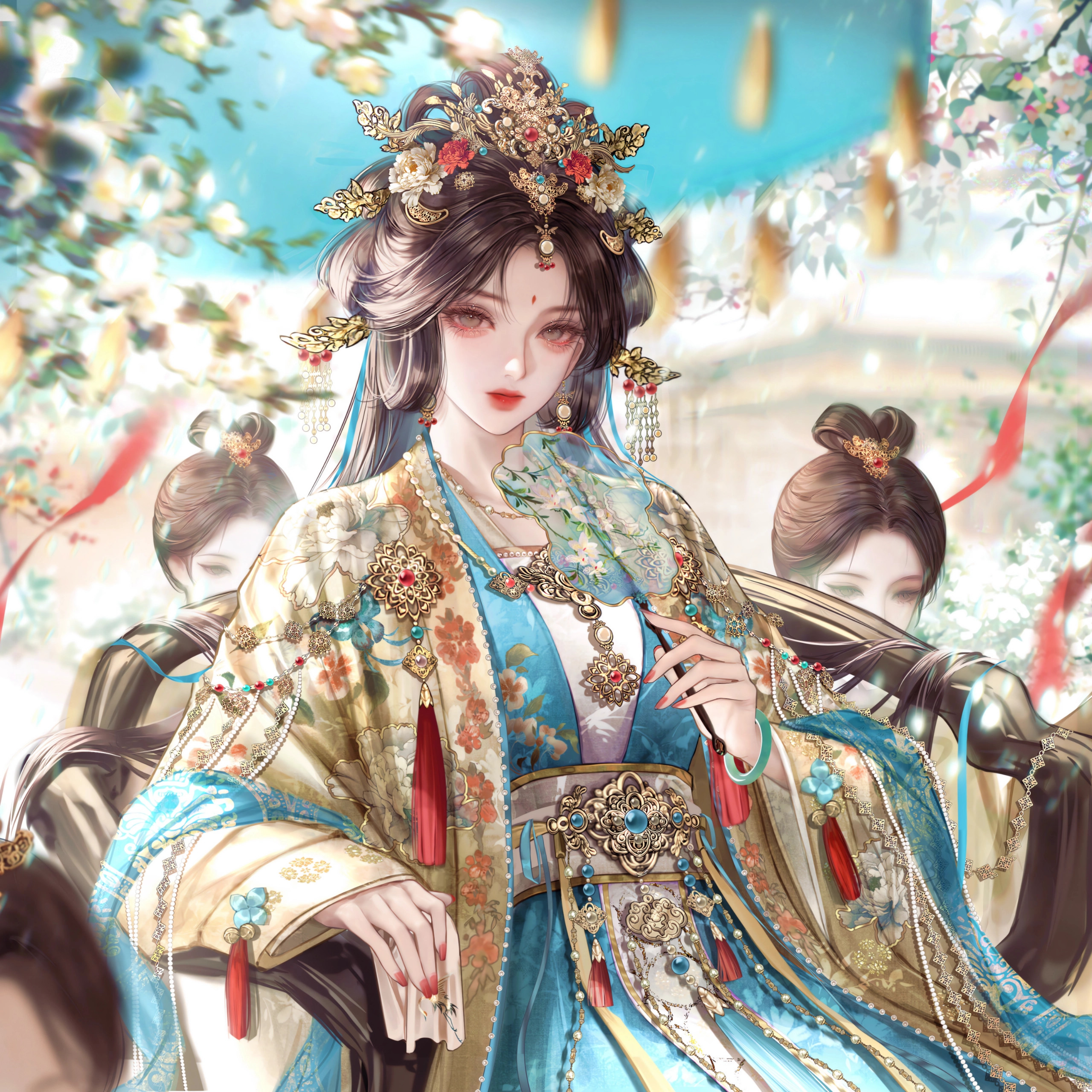 gloriash, original, absurdres, highres, black hair, brown hair, chair, chinese clothes, dress, earrings, facial mark, flower, forehead mark, hair ornament, hand fan, hanfu, holding, holding fan, jewelry, long hair, long sleeves, looking at viewer, multiple girls, necklace, sitting, upper body