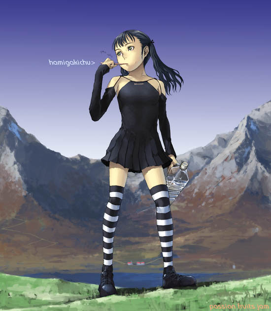 yoneda taishou, bare shoulders, black hair, bottle, detached sleeves, food, lake, long hair, looking up, mountain, pocky, sky, solo, striped clothes, striped thighhighs, thighhighs, twintails, zettai ryouiki