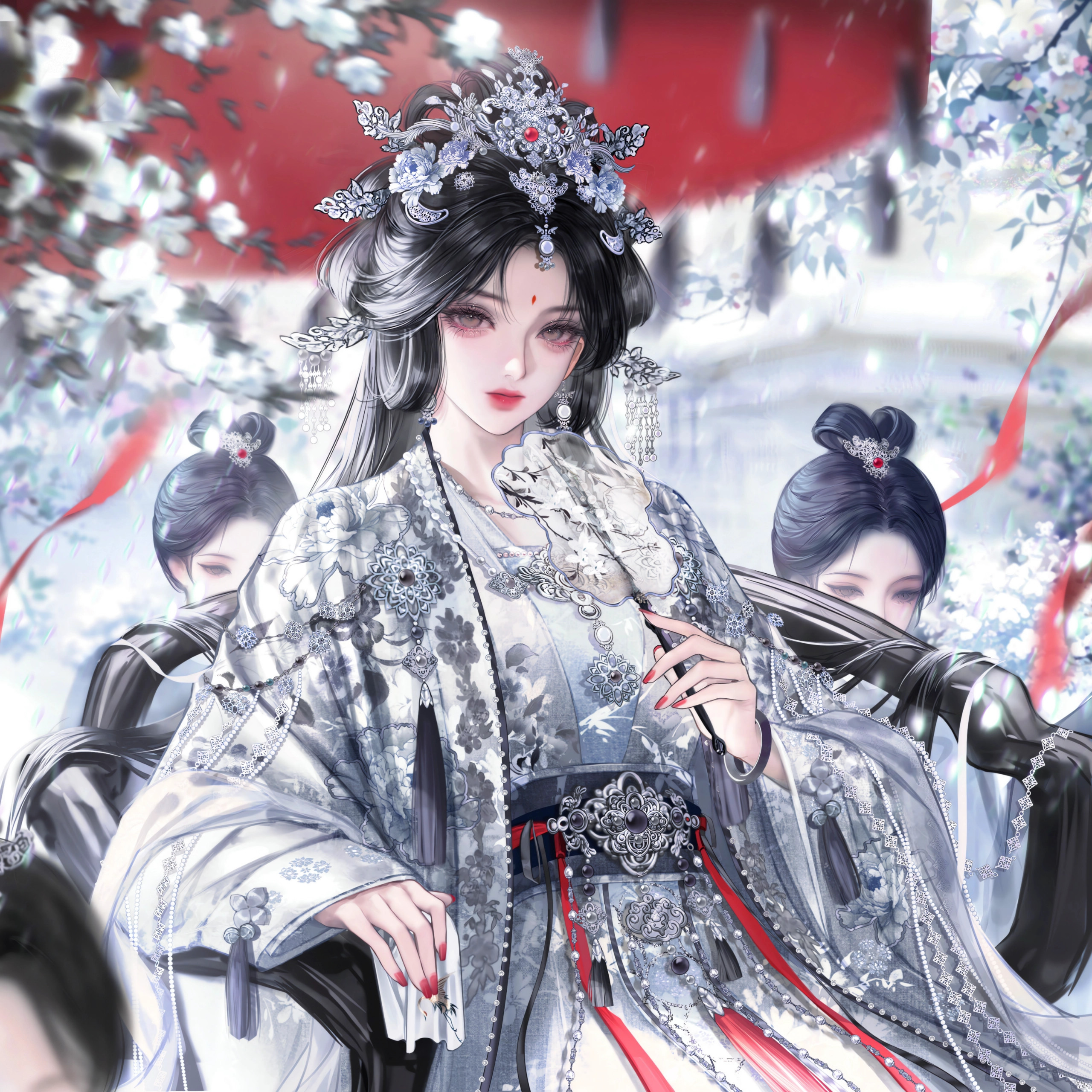 gloriash, original, absurdres, highres, 3girls, black hair, blurry, blurry background, chair, chinese clothes, facial mark, flower, forehead mark, hair bun, hair flower, hair ornament, hand fan, hanfu, holding, holding fan, jewelry, long hair, long sleeves, looking at viewer, multiple girls, nail polish, red nails, single hair bun, sitting, upper body, wide sleeves