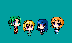 identity, obscur, furude rika, houjou satoko, ryuuguu rena, sonozaki mion, higurashi no naku koro ni, lowres, 00s, 4girls, blonde hair, blue hair, green hair, hime cut, long hair, multiple girls, oekaki, orange hair, pantyhose, pixel art, short hair