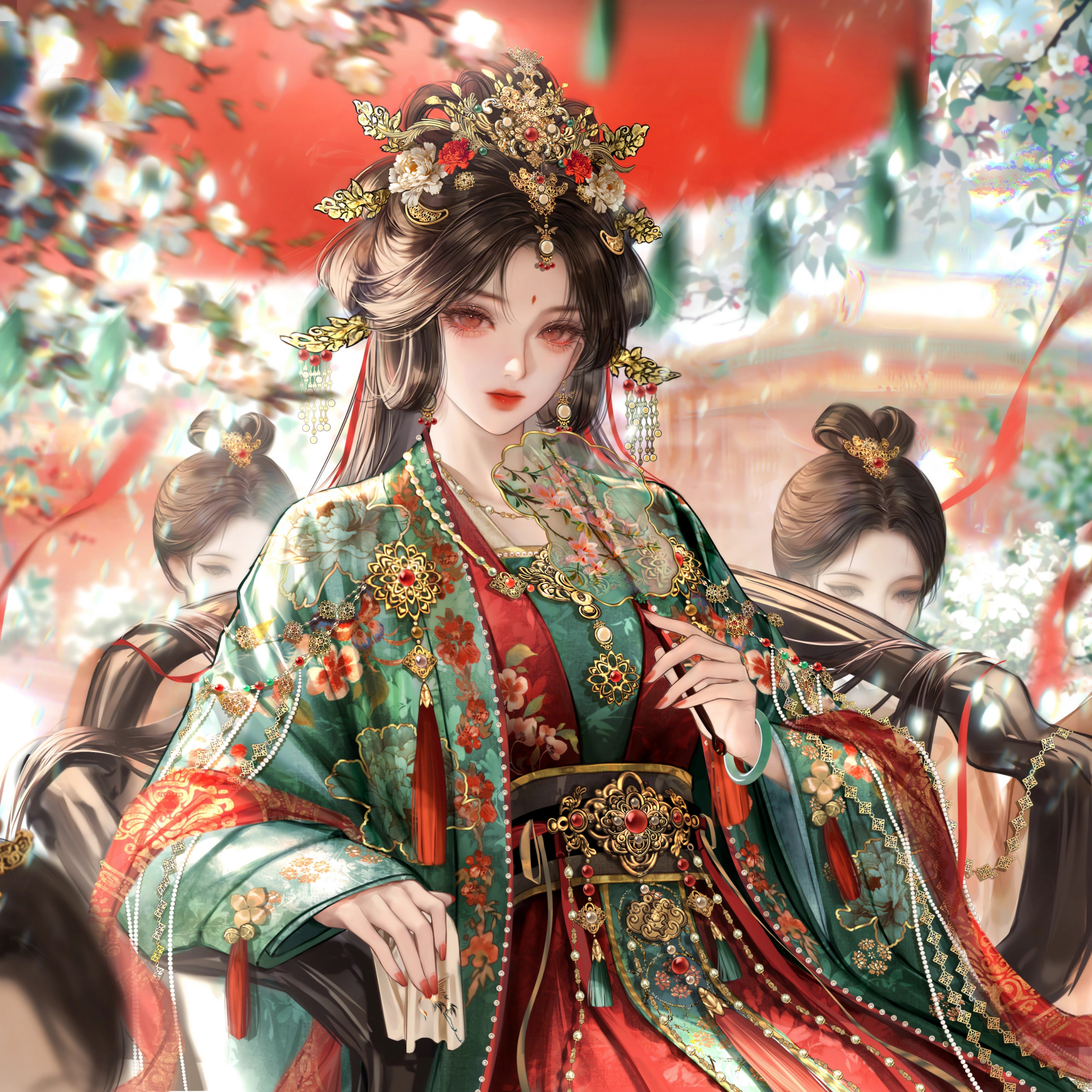 gloriash, original, absurdres, highres, black hair, blurry, chair, chinese clothes, dress, earrings, facial mark, flower, forehead mark, hair flower, hair ornament, hand fan, hanfu, holding, holding fan, jewelry, long hair, long sleeves, looking at viewer, multiple girls, necklace, red eyes, red nails, upper body