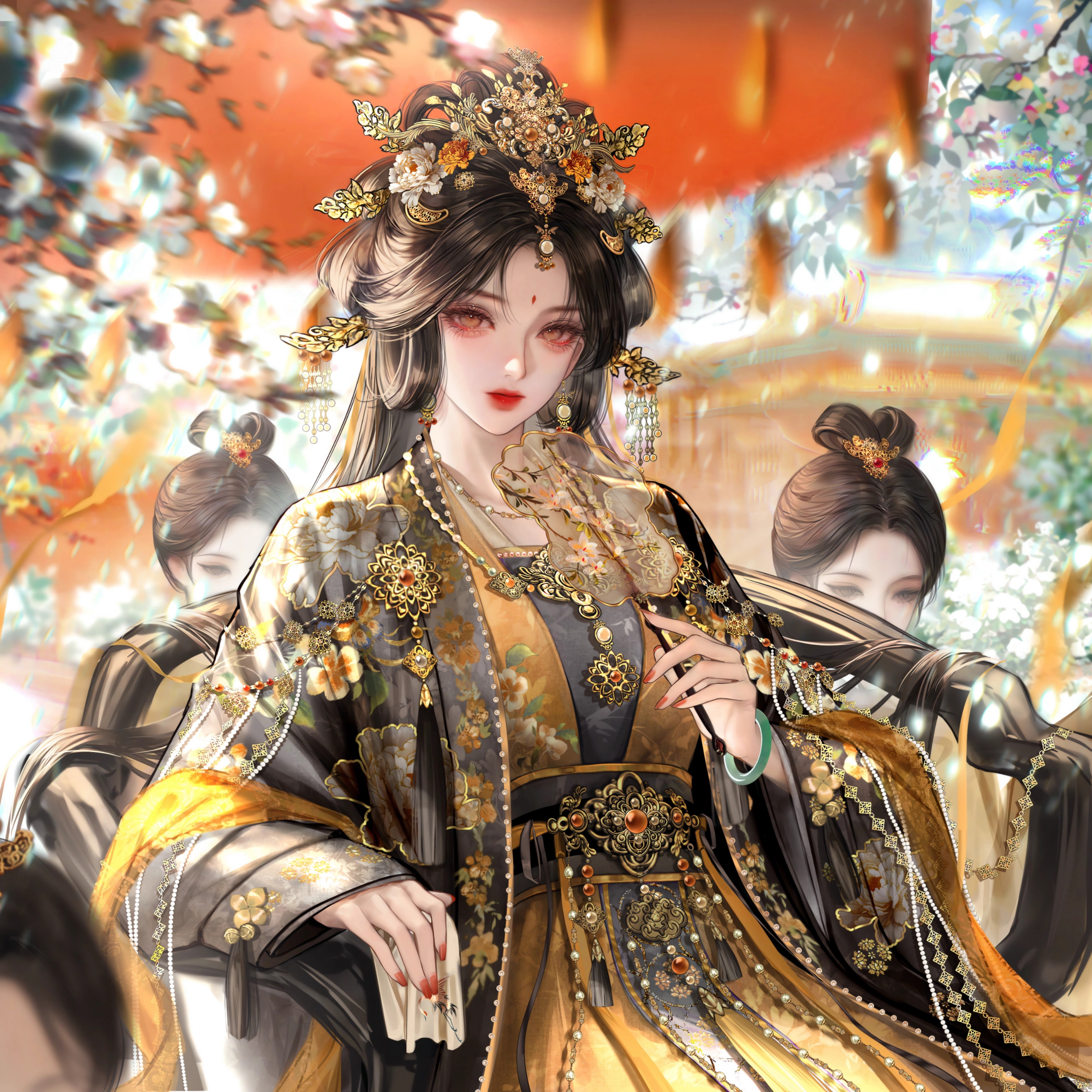 gloriash, original, absurdres, highres, black hair, bracelet, chinese clothes, dress, earrings, facial mark, flower, forehead mark, hair ornament, hand fan, hanfu, holding, holding fan, jewelry, long hair, long sleeves, looking at viewer, multiple girls, necklace, red nails, upper body