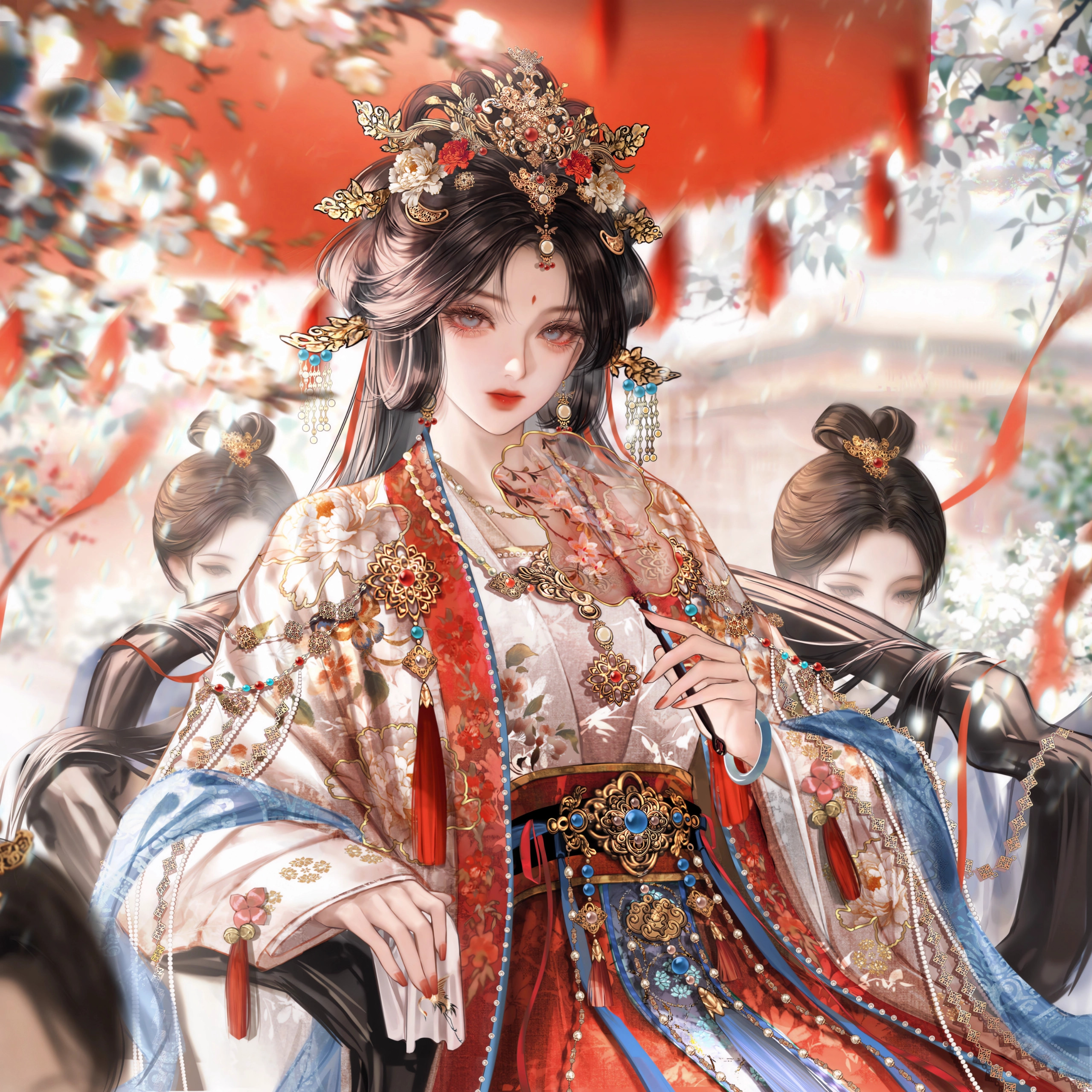 gloriash, original, absurdres, highres, beads, black hair, blurry, blurry background, branch, chair, chinese clothes, earrings, facial mark, flower, forehead mark, hair bun, hair flower, hair ornament, hand fan, hanfu, holding, jewelry, long hair, long sleeves, looking at viewer, multiple girls, necklace, red lips, sash, shawl, sitting, upper body, wide sleeves