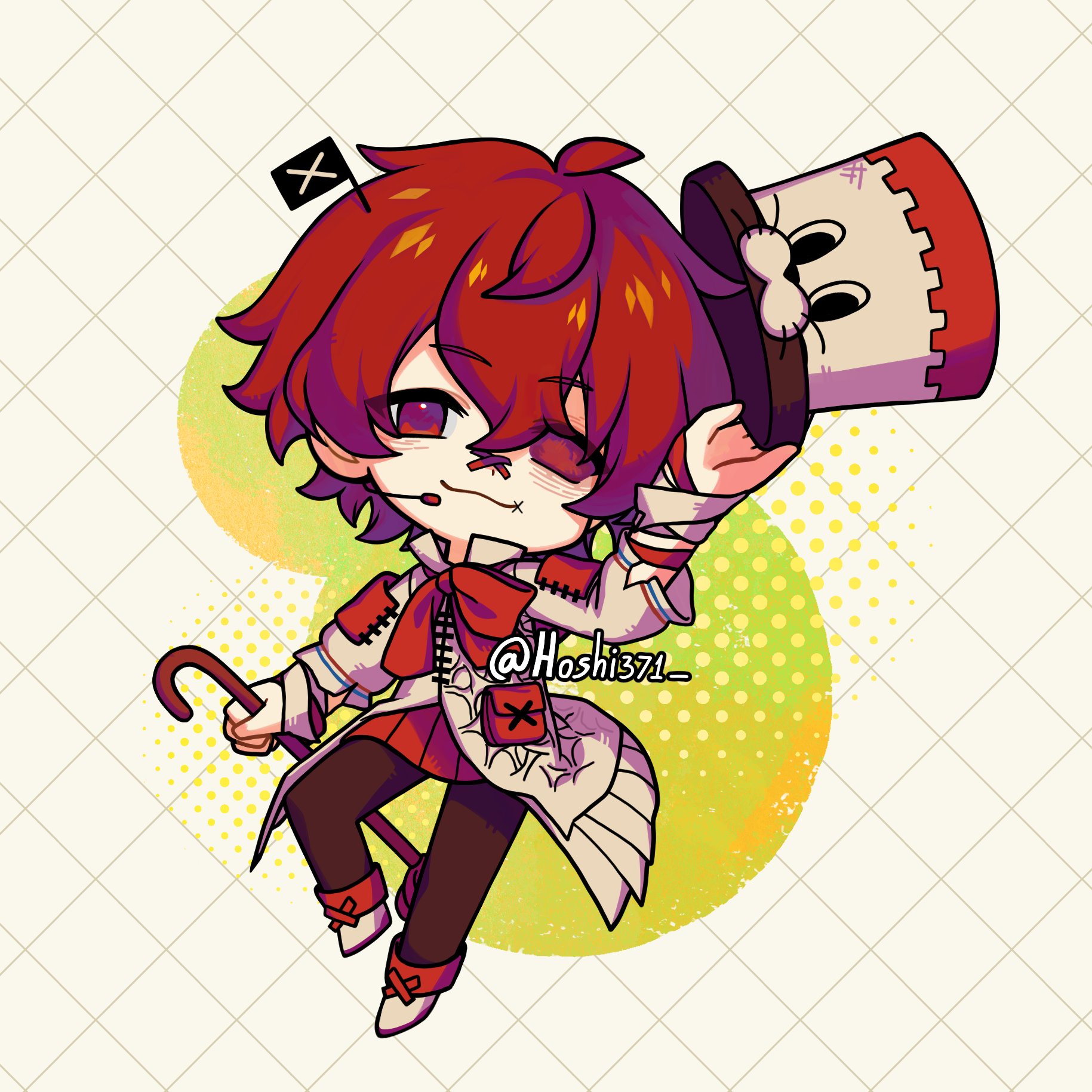 fukase, vocaloid, commentary, english commentary, highres, 1boy, :3, ahoge, ankle boots, arm at side, arm up, black pants, boots, bow, bowtie, cane, chibi, chibi only, coat, colored sclera, flag, full body, halftone, halftone background, hat, head flag, headset, holding, holding cane, holding unworn clothes, holding unworn hat, hoshi371, layered sleeves, long sleeves, looking at viewer, male focus, miniskirt, mismatched sclera, pants, pleated skirt, red bow, red bowtie, red eyes, red hair, red sclera, red skirt, simple background, skirt, solo, standing, standing on one leg, stitched mouth, stitches, top hat, twitter username, unworn hat, unworn headwear, white boots, white coat, yellow background