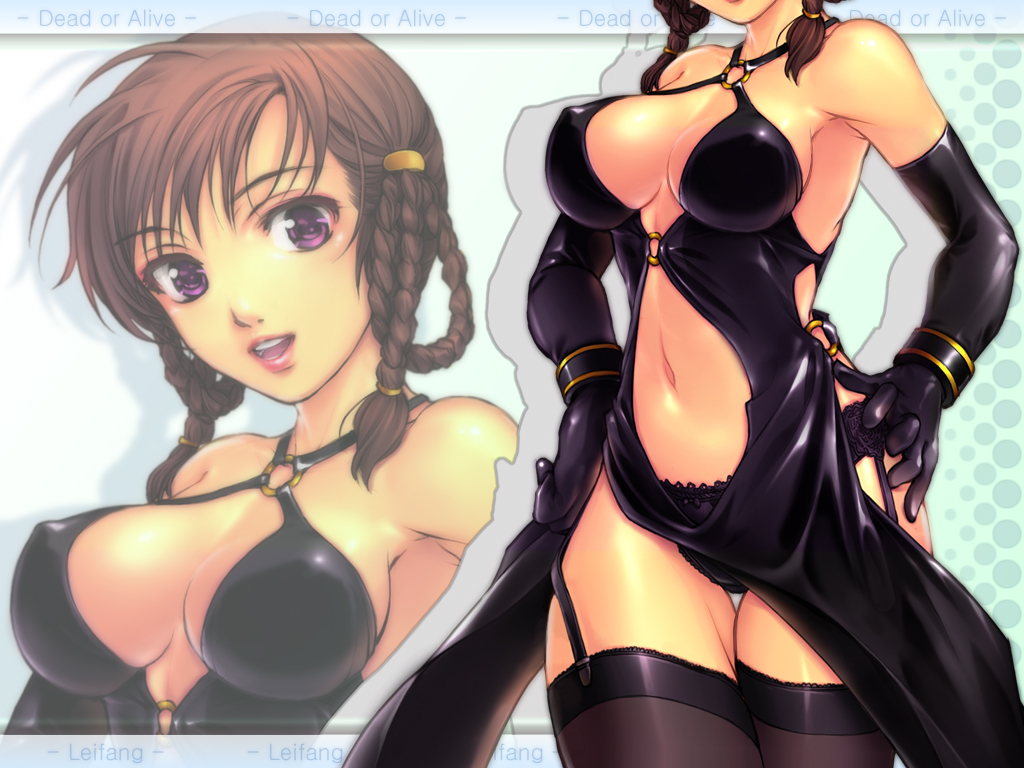 yoko juusuke, lei fang, dead or alive, tecmo, 1girl, black panties, black thighhighs, braid, breasts, brown hair, covered erect nipples, dress, elbow gloves, female focus, garter belt, gloves, hip focus, lace, lace-trimmed panties, lace trim, large breasts, latex, latex dress, latex gloves, navel, open mouth, panties, pelvic curtain, purple eyes, solo, thigh gap, thighhighs, thighs, twin braids, underwear, wide hips, zoom layer