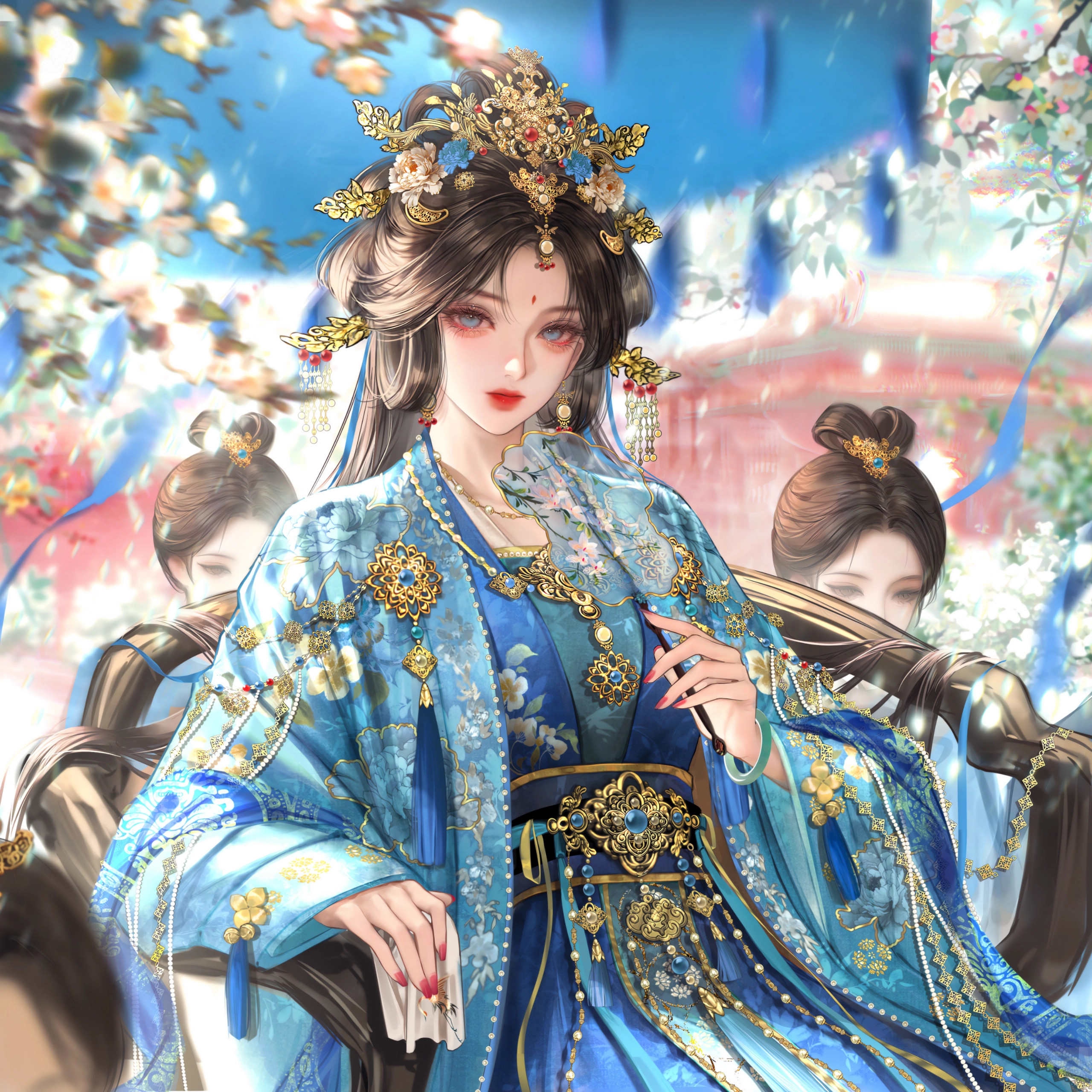 gloriash, original, absurdres, highres, 1girl, black hair, blue dress, blue eyes, blurry, blurry background, brown hair, chair, chinese clothes, dress, earrings, facial mark, flower, forehead mark, hair ornament, hand fan, hanfu, holding, jewelry, long hair, long sleeves, looking at viewer, multiple girls, necklace, red nails, sash, sitting, upper body