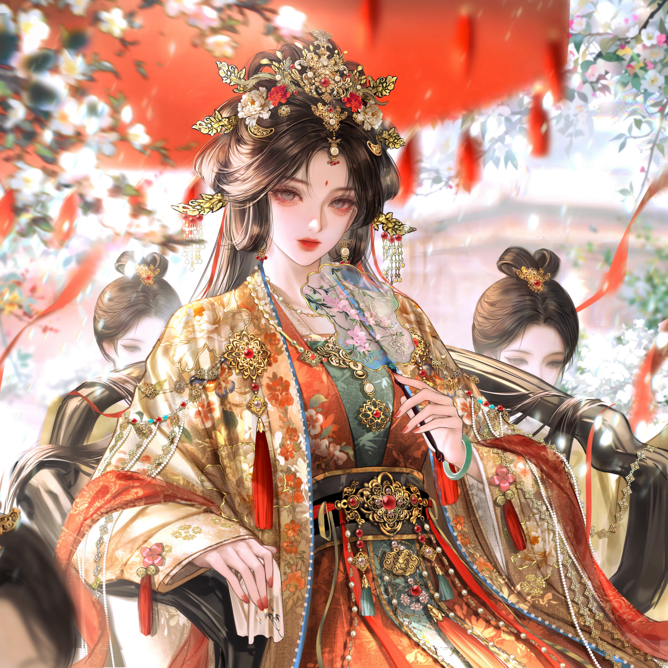 gloriash, original, absurdres, highres, beads, black hair, blurry, bracelet, chair, chinese clothes, dress, earrings, facial mark, flower, forehead mark, hair bun, hair flower, hair ornament, hand fan, hanfu, holding, holding fan, jewelry, long hair, long sleeves, looking at viewer, multiple girls, necklace, sash, sitting, upper body, wide sleeves