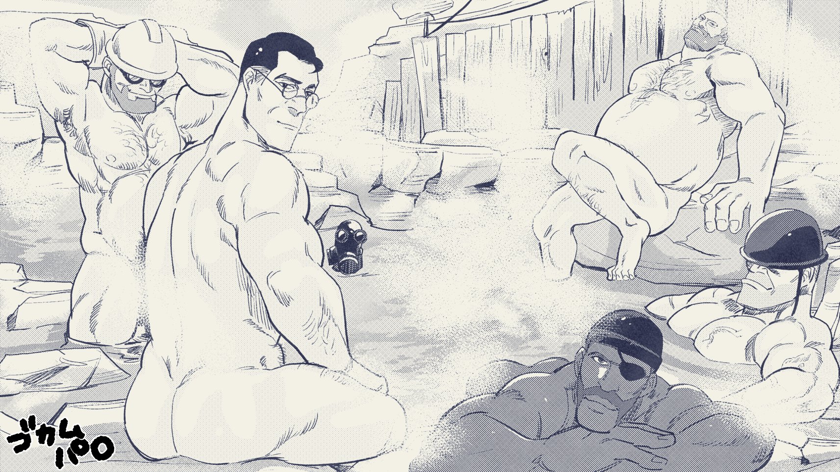 demoman (tf2), engineer (tf2), heavy (tf2), medic (tf2), pyro (tf2), soldier (tf2), golden kamuy, team fortress 2, highres, 10matotomp, 1other, 5boys, arm hair, ass, bald, beanie, beard, biceps, chest hair, combat helmet, completely nude, convenient censoring, dark-skinned male, dark skin, facial hair, gas mask, glasses, goggles, hard hat, hat, hat over eyes, helmet, leg hair, looking at viewer, male focus, mask, mature male, monochrome, multiple boys, muscular, muscular male, nude, onsen, parody, partially submerged, plump, scene reference, smile, steam, steam censor, strongman waist, stubble