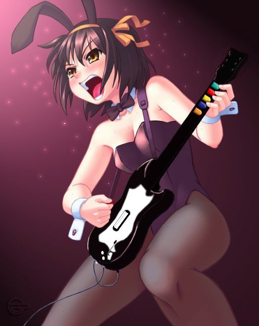 suzumiya haruhi, guitar hero, suzumiya haruhi no yuuutsu, 00s, animal ears, guitar, instrument, pantyhose, playboy bunny