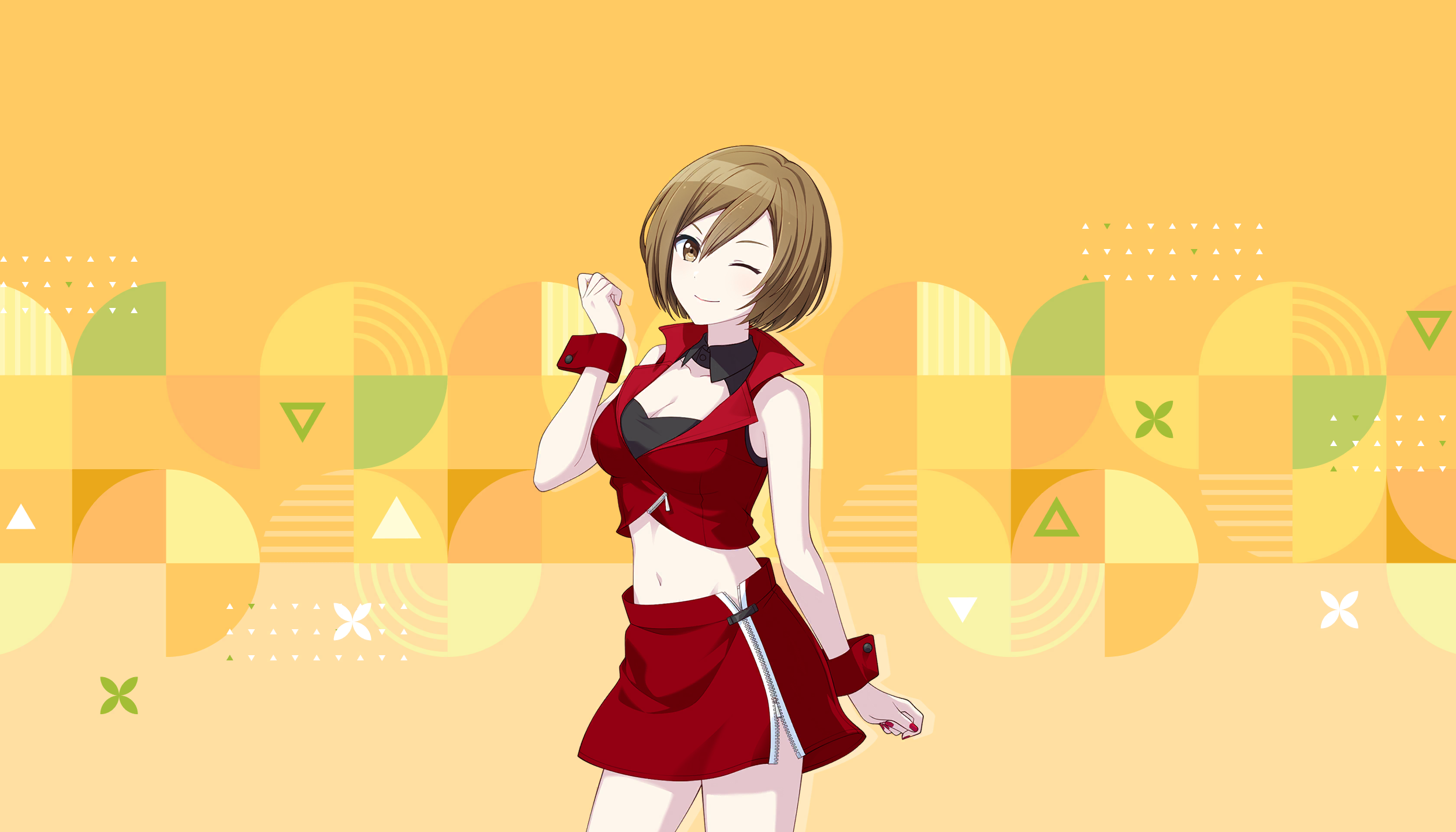 colorful palette, meiko (vocaloid), project sekai, vocaloid, game cg, highres, official art, third-party source, 1girl, ;), black collar, breasts, brown eyes, brown hair, cleavage, collar, cropped jacket, detached collar, fingernails, hair between eyes, jacket, miniskirt, nail polish, one eye closed, orange background, red jacket, red nails, red skirt, red wrist cuffs, skirt, smile, solo, triangle, wrist cuffs