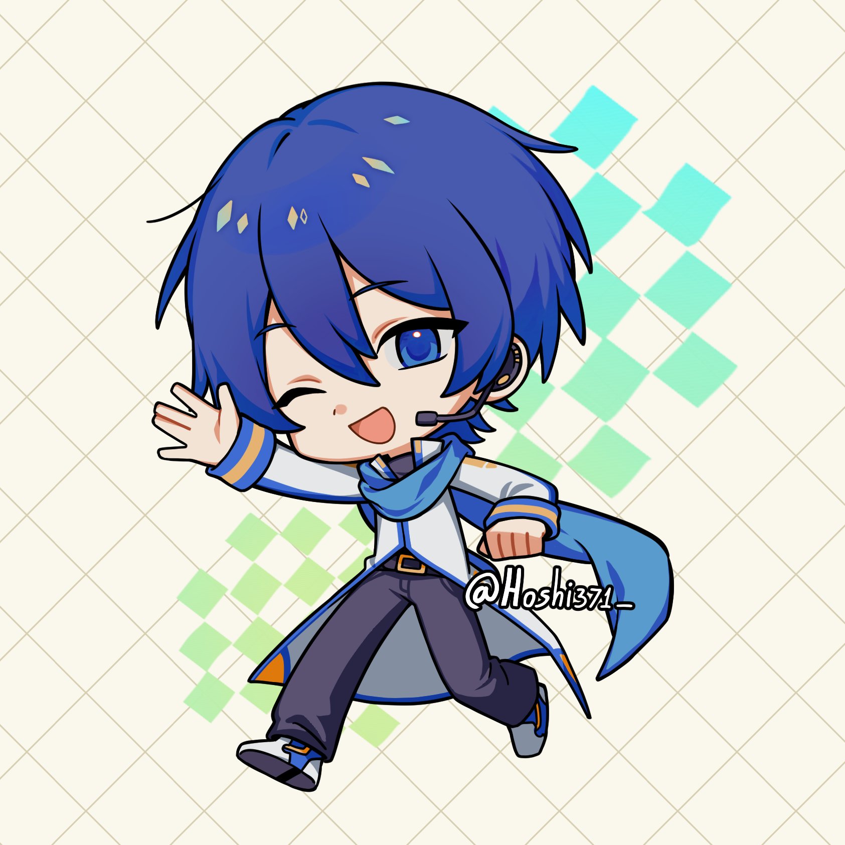 kaito (vocaloid), vocaloid, commentary, english commentary, highres, 1boy, ;d, ||/, arm up, belt, black belt, black pants, black shirt, blue eyes, blue hair, blue scarf, blue sleeve cuffs, chibi, chibi only, coat, denim, double-parted bangs, full body, hair between eyes, headset, hoshi371, jeans, long sleeves, looking at viewer, male focus, one eye closed, open mouth, pants, scarf, shirt, shoes, short hair, simple background, smile, solo, tongue, twitter username, walking, waving, white coat, white shoes, yellow background