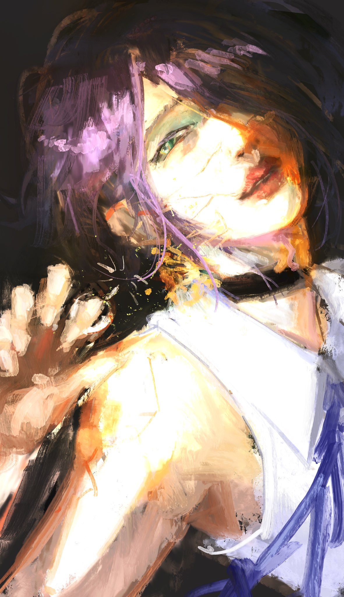 kyezzzz, reze (chainsaw man), chainsaw man, highres, 1girl, black background, black choker, blue ribbon, choker, collared shirt, green eyes, grenade pin, hair over one eye, purple hair, red lips, ribbon, shirt, sleeveless, sleeveless shirt, solo, sparks, white shirt