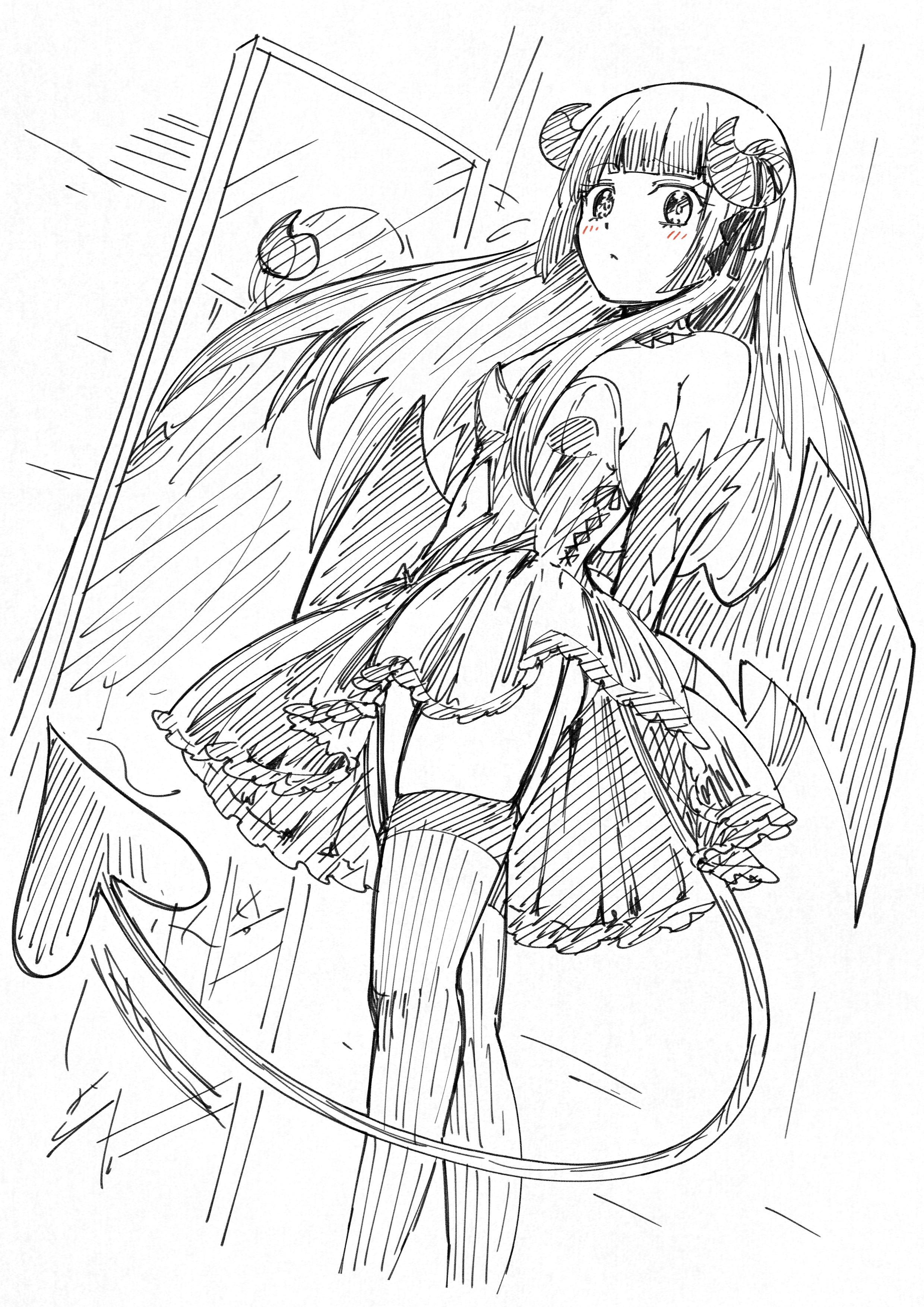 yuuki shushu, hanazono yurine, jashin-chan dropkick, absurdres, hashtag-only commentary, highres, 1girl, bare shoulders, blunt bangs, breasts, closed mouth, demon horns, demon tail, dress, elbow gloves, fake horns, fake tail, feet out of frame, flying sweatdrops, full-length mirror, garter straps, gloves, greyscale, horn ornament, horn ribbon, horns, light blush, long hair, long sidelocks, medium breasts, mirror, monochrome, official alternate costume, ribbon, sidelocks, sleeveless, sleeveless dress, solo, tail, thighhighs