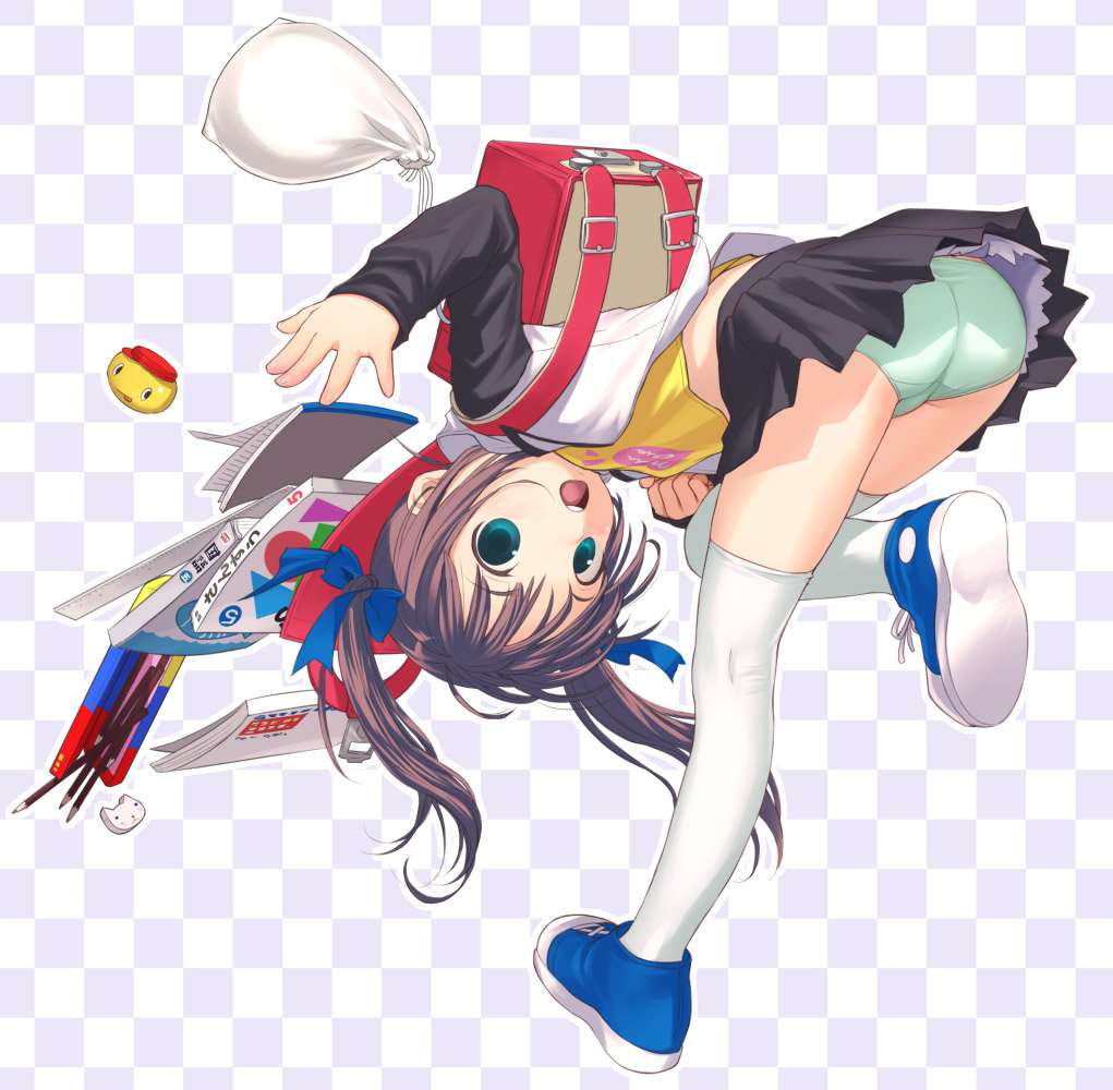 uni (plastic girl), original, 1girl, aqua eyes, ass, backpack, bag, female focus, legs, panties, pantyshot, randoseru, school uniform, serafuku, shoes, sneakers, solo, spill, thighhighs, twintails, underwear, zettai ryouiki