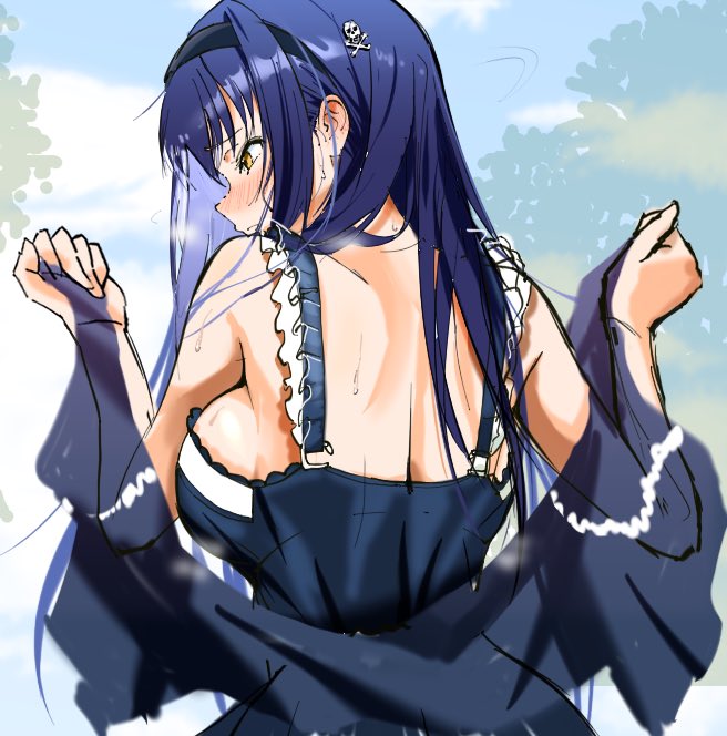 zenoo, kushima kamome, summer pockets, commentary, 1girl, back, backboob, bare shoulders, black camisole, black hair, black hairband, blush, bone hair ornament, breasts, camisole, closed mouth, day, frilled camisole, frills, from behind, hair between eyes, hair ornament, hair over shoulder, hairband, hands up, large breasts, long hair, looking to the side, nose blush, outdoors, profile, sideboob, sketch, skull and crossbones, skull hair ornament, solo, upper body, wet, yellow eyes
