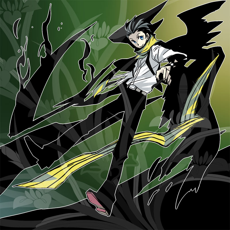 motomoto saji, mudo, mudo (saji), mochizuki ryouji, atlus, persona, persona 3, bad id, bad pixiv id, 1boy, black hair, black wings, blue eyes, dark, darkness, male focus, scarf, solo, suspenders, wings