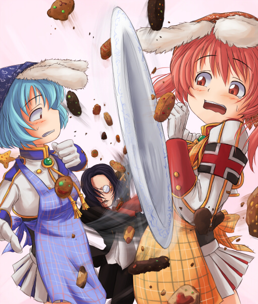 chiester410, chiester45, chiester sisters, ronove (umineko), umineko no naku koro ni, 00s, 2girls, animal ears, apron, armband, blue hair, blush, food, multiple girls, pink hair, rabbit ears, ryukishi07 (style), showgirl skirt, skirt