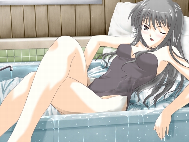umetori uriri, takayashiki aoba, kazoku keikaku, game cg, non-web source, 1girl, bathtub, black eyes, black hair, crossed legs, female focus, long hair, lying, one-piece swimsuit, one eye closed, pillow, solo, swimsuit, wink