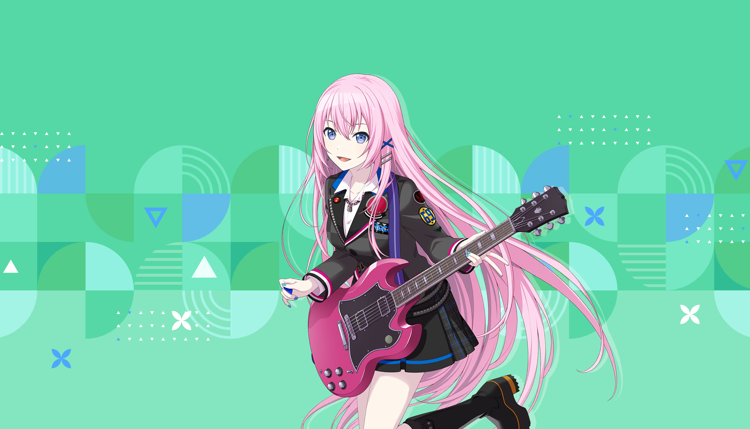 colorful palette, leo/need luka, megurine luka, project sekai, vocaloid, game cg, highres, official art, third-party source, 1girl, bass guitar, black boots, black jacket, black skirt, blue eyes, blue nails, boots, fingernails, green background, hair between eyes, hair ornament, hairclip, instrument, jacket, jewelry, leg up, long hair, musical note, nail polish, necklace, parted lips, patch, pin, pink hair, pleated skirt, shirt, skirt, smile, solo, tongue, triangle, very long hair, white shirt, x hair ornament