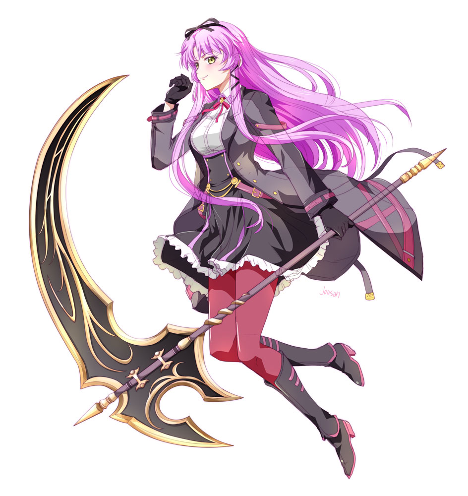 xiacheng tatsuya, renne (eiyuu densetsu), eiyuu densetsu, kai no kiseki, kuro no kiseki (series), commentary, 1girl, artist name, black gloves, boots, bow, bowtie, breasts, curtained hair, dress, floating hair, full body, gloves, hair bow, high heel boots, high heels, holding, holding scythe, huge weapon, long hair, long sidelocks, medium breasts, parted bangs, pink thighhighs, purple hair, red bow, red bowtie, scythe, sidelocks, simple background, smile, solo, thighhighs, weapon, white background, yellow eyes